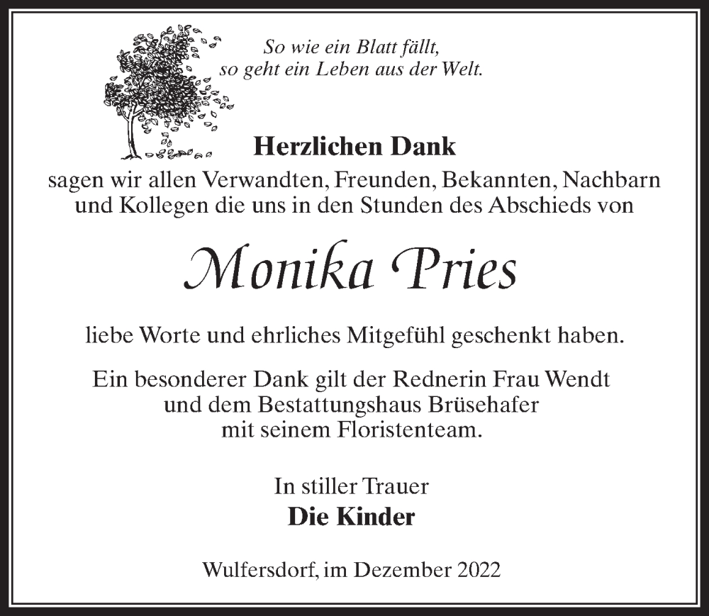  Traueranzeige für Monika Pries vom 17.12.2022 aus Märkischen Allgemeine Zeitung