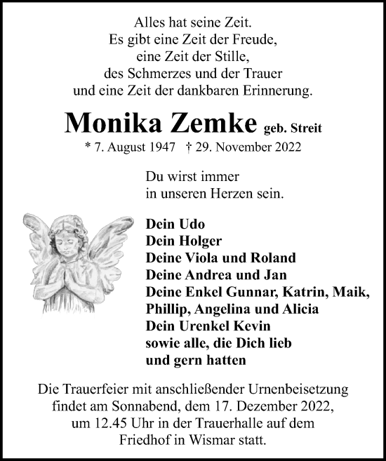 Traueranzeige von Monika Zemke von Ostsee-Zeitung GmbH