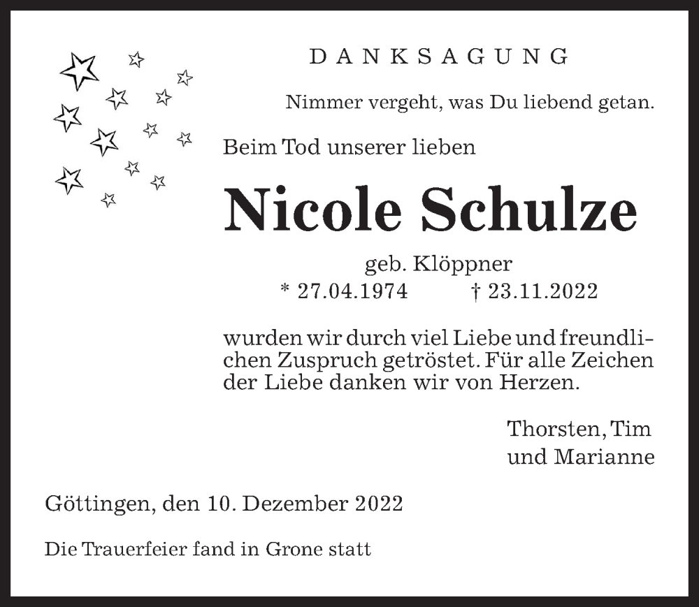  Traueranzeige für Nicole Schulze vom 10.12.2022 aus Göttinger Tageblatt