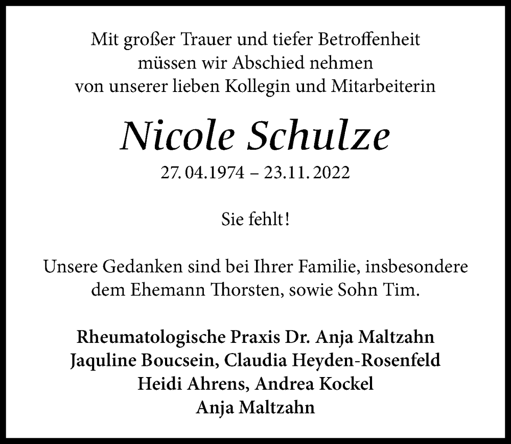  Traueranzeige für Nicole Schulze vom 10.12.2022 aus Göttinger Tageblatt