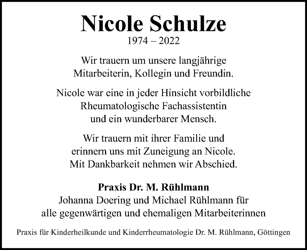  Traueranzeige für Nicole Schulze vom 03.12.2022 aus Göttinger Tageblatt