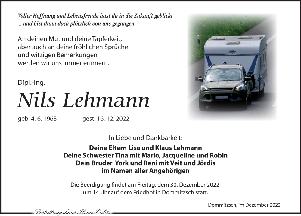  Traueranzeige für Nils Lehmann vom 24.12.2022 aus Torgauer Zeitung