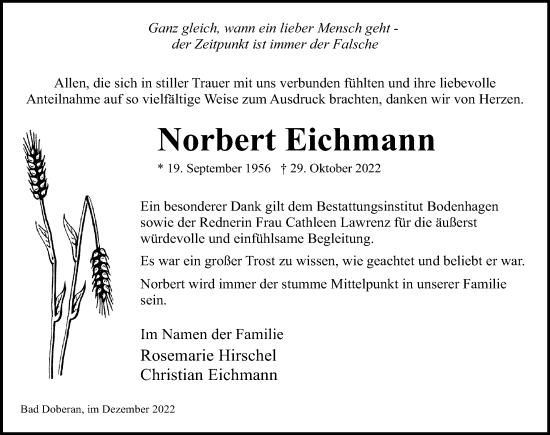 Traueranzeige von Norbert Eichmann von Ostsee-Zeitung GmbH
