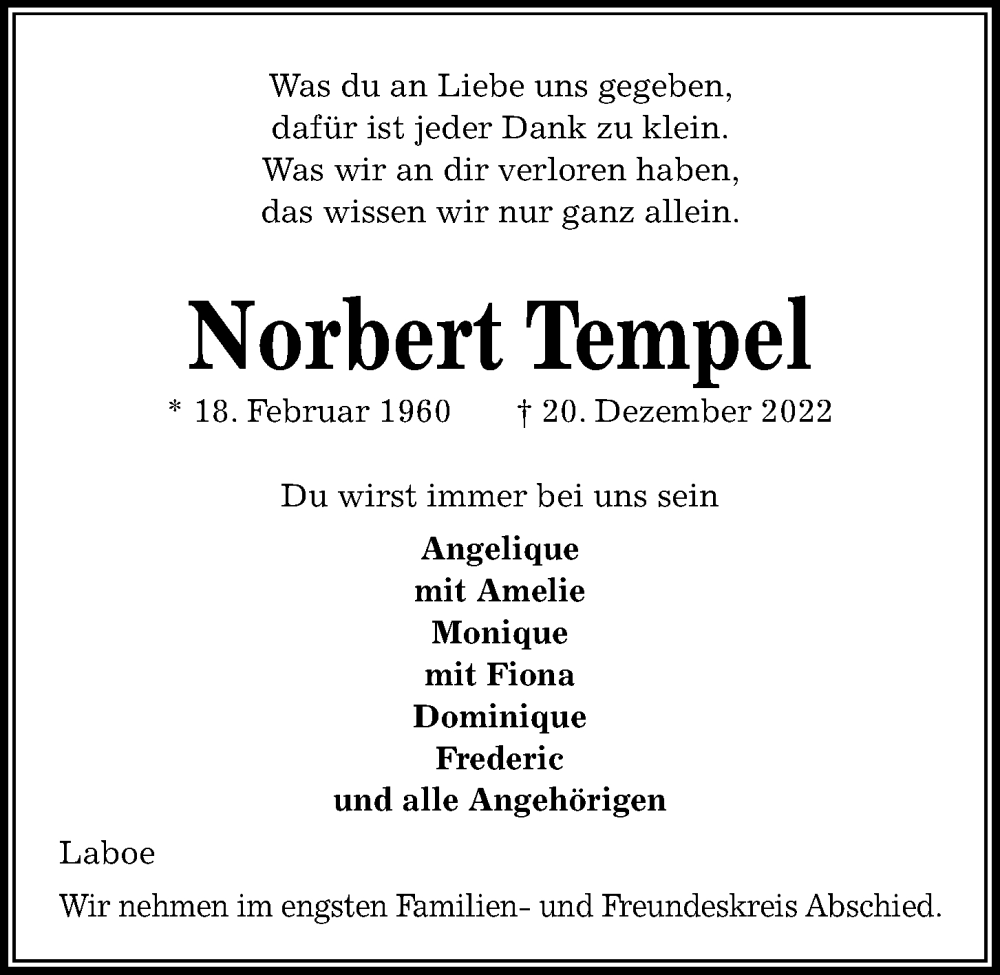  Traueranzeige für Norbert Tempel vom 31.12.2022 aus Kieler Nachrichten