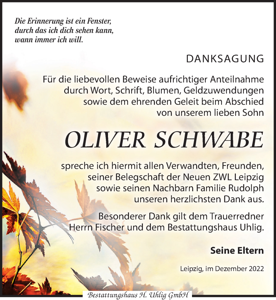  Traueranzeige für Oliver Schwabe vom 17.12.2022 aus Leipziger Volkszeitung