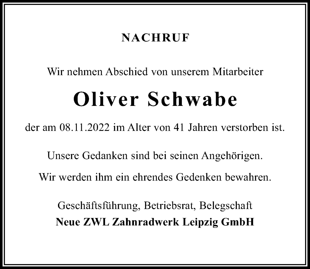  Traueranzeige für Oliver Schwabe vom 03.12.2022 aus Leipziger Volkszeitung