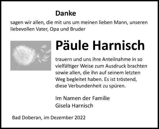 Traueranzeige von Päule Harnisch von Ostsee-Zeitung GmbH