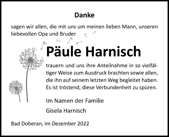 Traueranzeige von Päule Harnisch von Ostsee-Zeitung GmbH