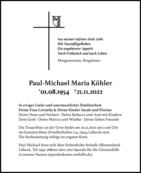 Traueranzeige von Paul-Michael Maria Köhler von Lübecker Nachrichten