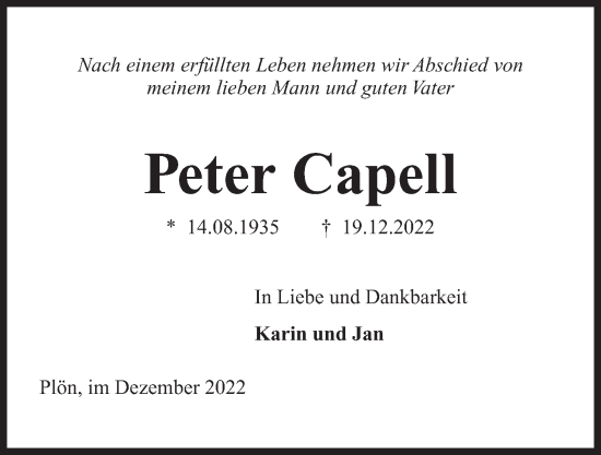 Traueranzeige von Peter Capell von Kieler Nachrichten