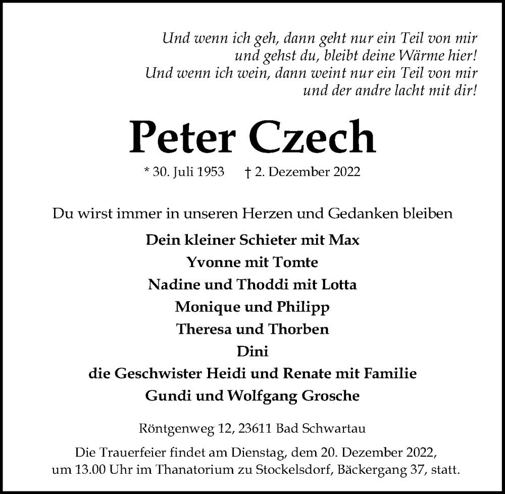  Traueranzeige für Peter Czech vom 18.12.2022 aus Lübecker Nachrichten