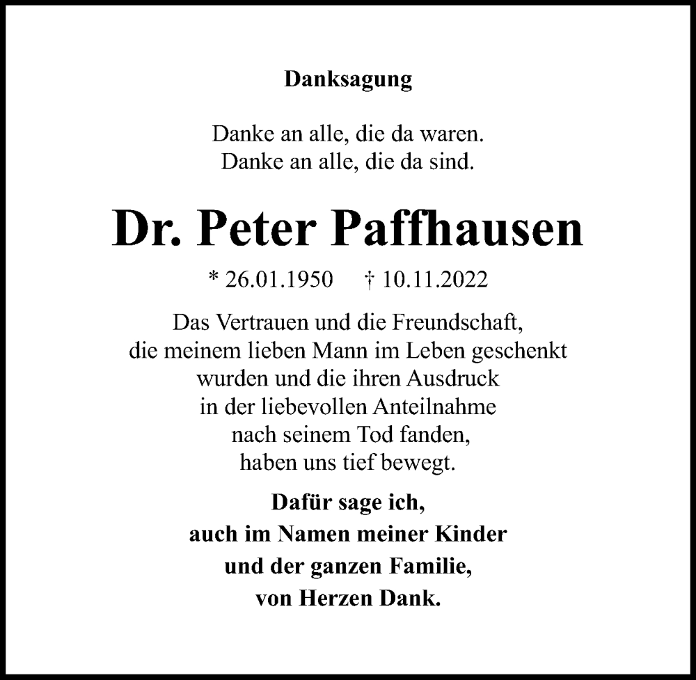  Traueranzeige für Peter Paffhausen vom 17.12.2022 aus Märkischen Allgemeine Zeitung