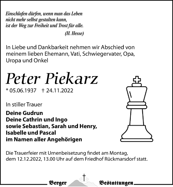 Traueranzeige von Peter Piekarz von Leipziger Volkszeitung