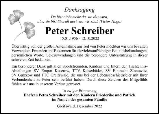 Traueranzeige von Peter Schreiber von Ostsee-Zeitung GmbH