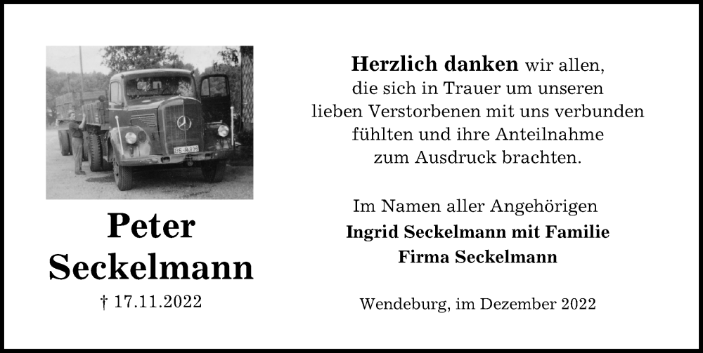  Traueranzeige für Peter Seckelmann vom 23.12.2022 aus Peiner Allgemeine Zeitung
