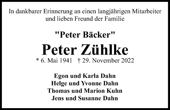 Traueranzeige von Peter Zühlke von Kieler Nachrichten