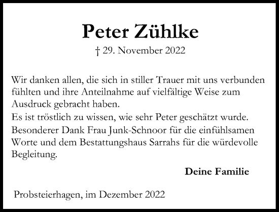 Traueranzeige von Peter Zühlke von Kieler Nachrichten