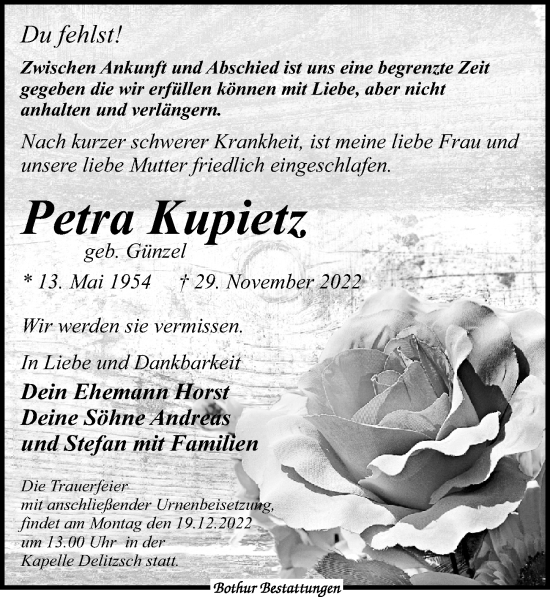 Traueranzeige von Petra Kupietz von Leipziger Volkszeitung