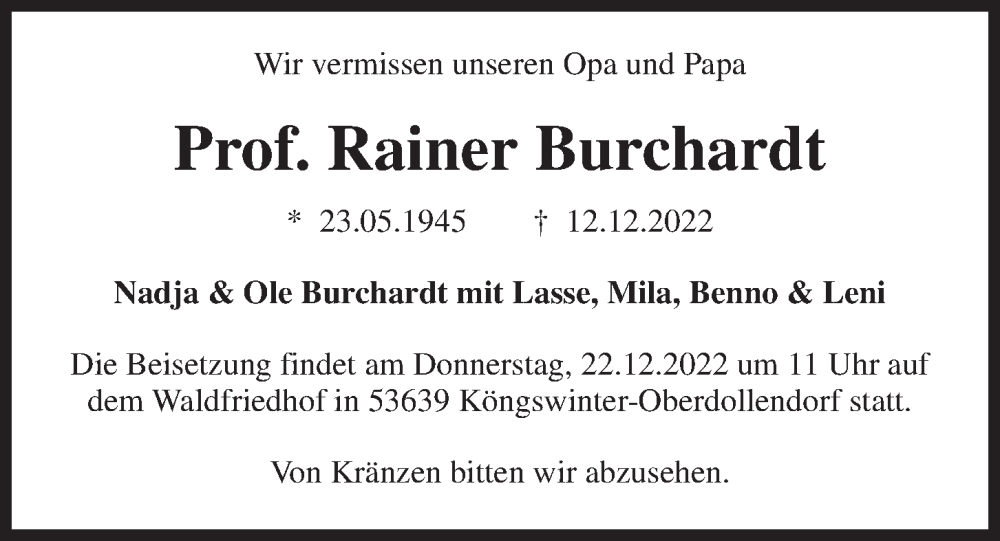  Traueranzeige für Rainer Burchardt vom 17.12.2022 aus Kieler Nachrichten