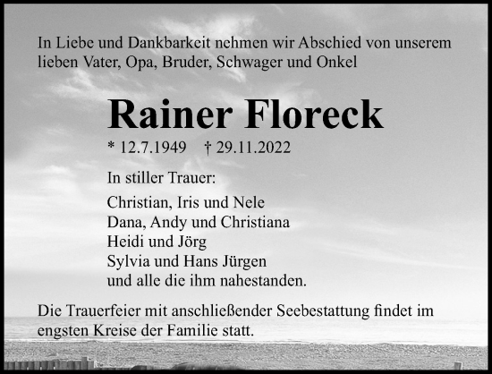 Traueranzeige von Rainer Floreck von Ostsee-Zeitung GmbH