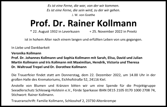 Traueranzeige von Rainer Kollmann von Kieler Nachrichten