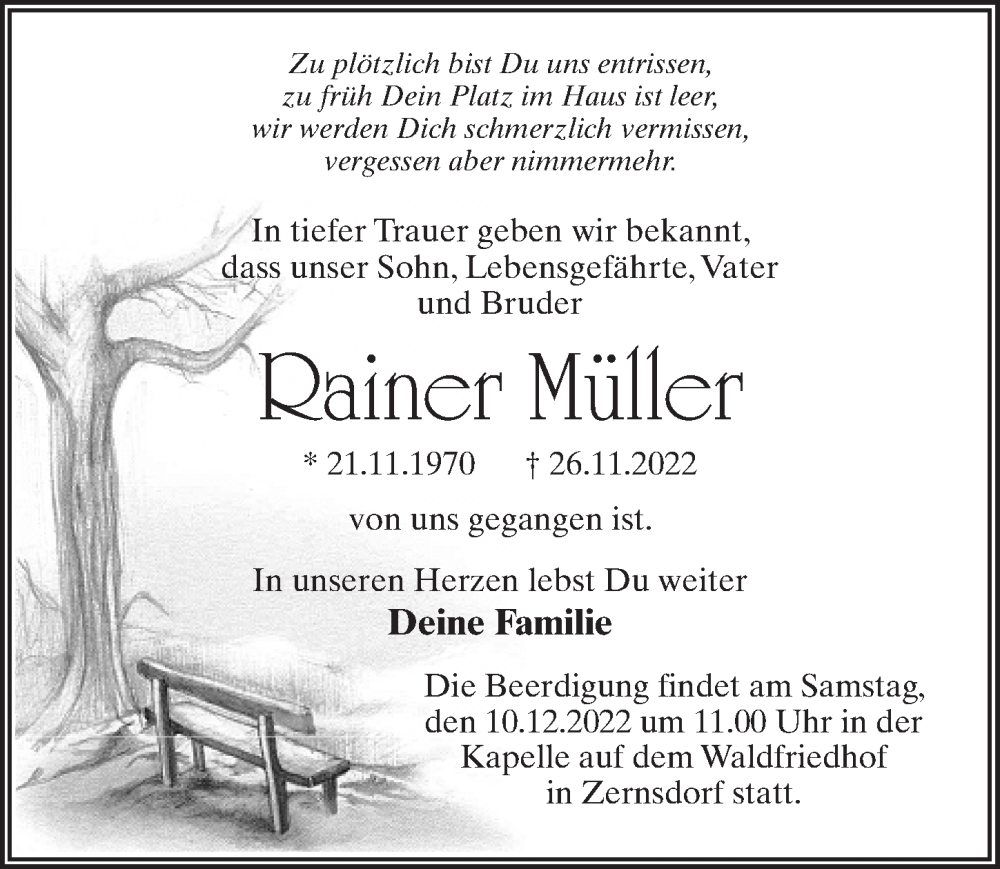  Traueranzeige für Rainer Müller vom 07.12.2022 aus Märkischen Allgemeine Zeitung