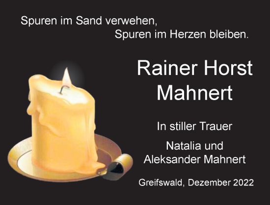 Traueranzeige von Rainer Horst Mahnert von Ostsee-Zeitung GmbH