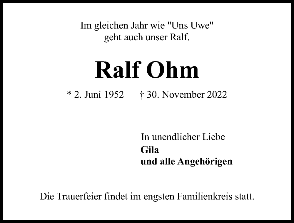  Traueranzeige für Ralf Ohm vom 03.12.2022 aus Kieler Nachrichten