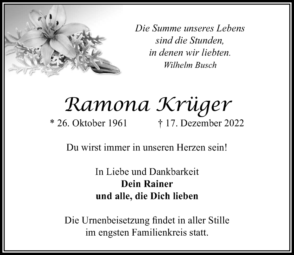  Traueranzeige für Ramona Krüger vom 24.12.2022 aus Märkischen Allgemeine Zeitung