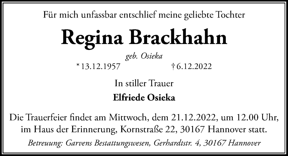  Traueranzeige für Regina Brackhahn vom 17.12.2022 aus Hannoversche Allgemeine Zeitung/Neue Presse
