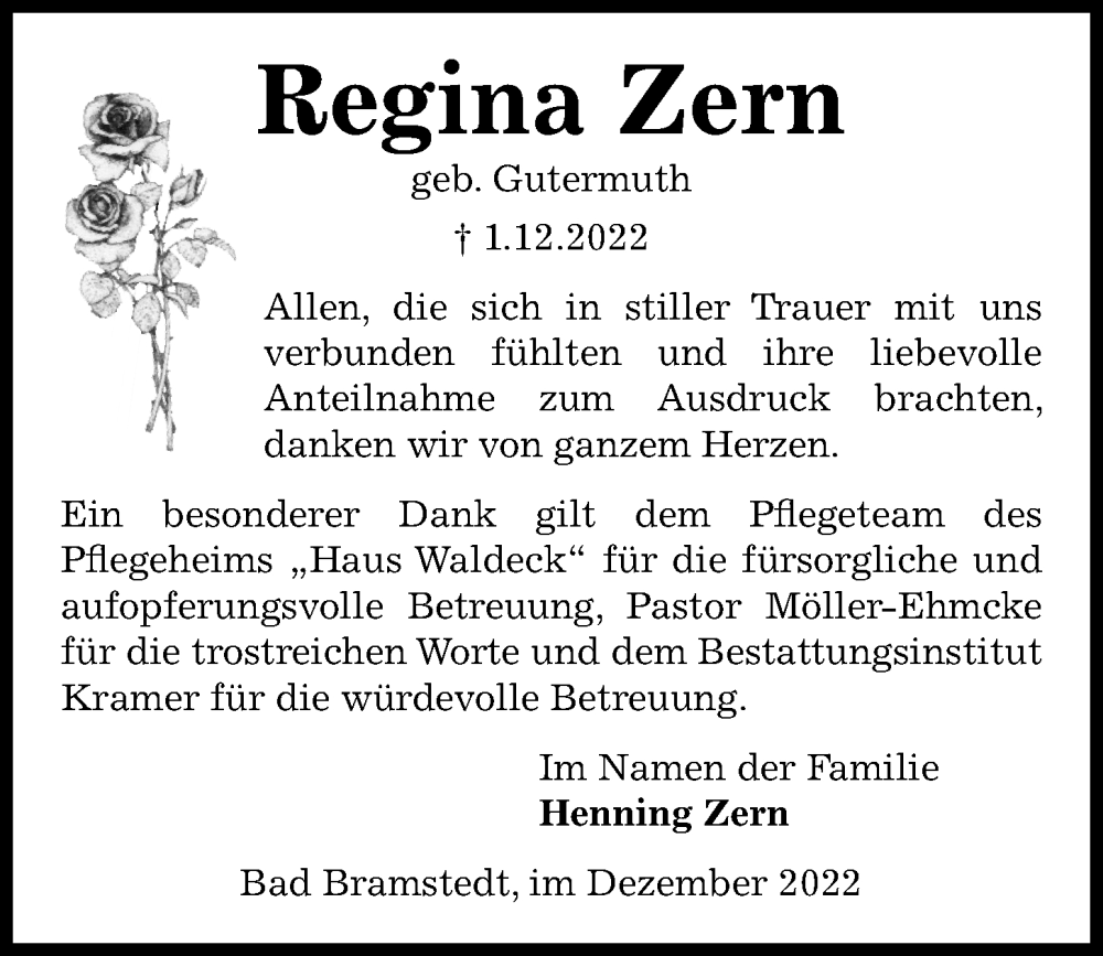  Traueranzeige für Regina Zern vom 17.12.2022 aus Kieler Nachrichten