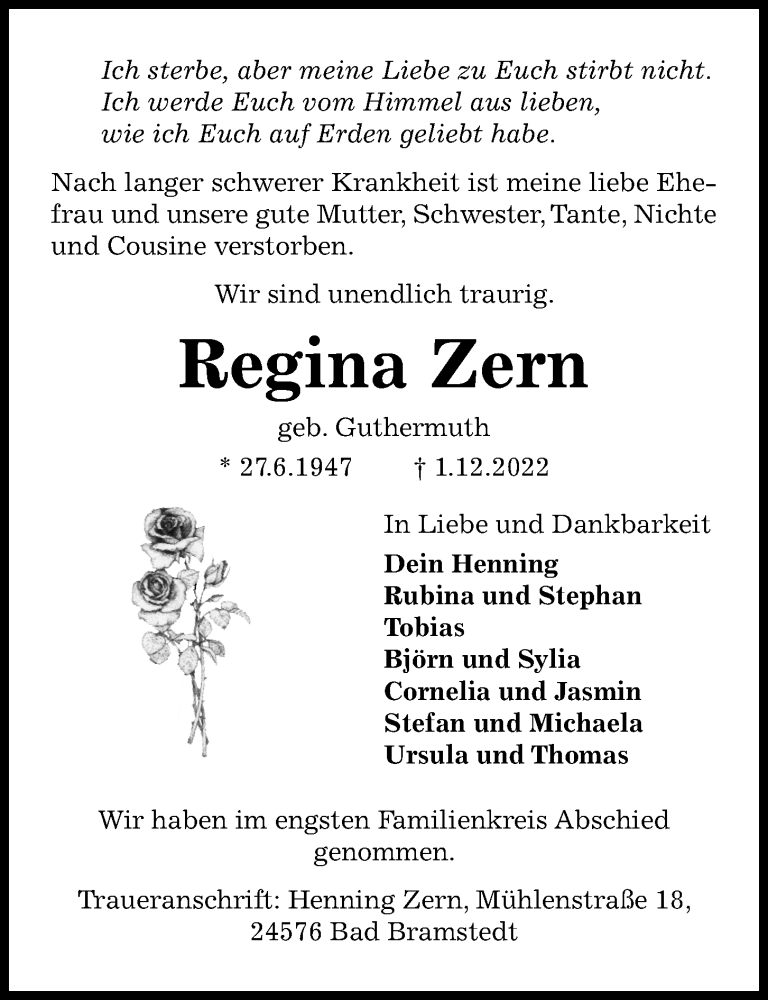  Traueranzeige für Regina Zern vom 10.12.2022 aus Kieler Nachrichten