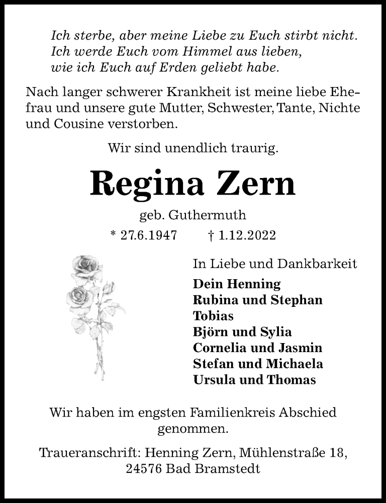  Traueranzeige für Regina Zern vom 10.12.2022 aus Kieler Nachrichten
