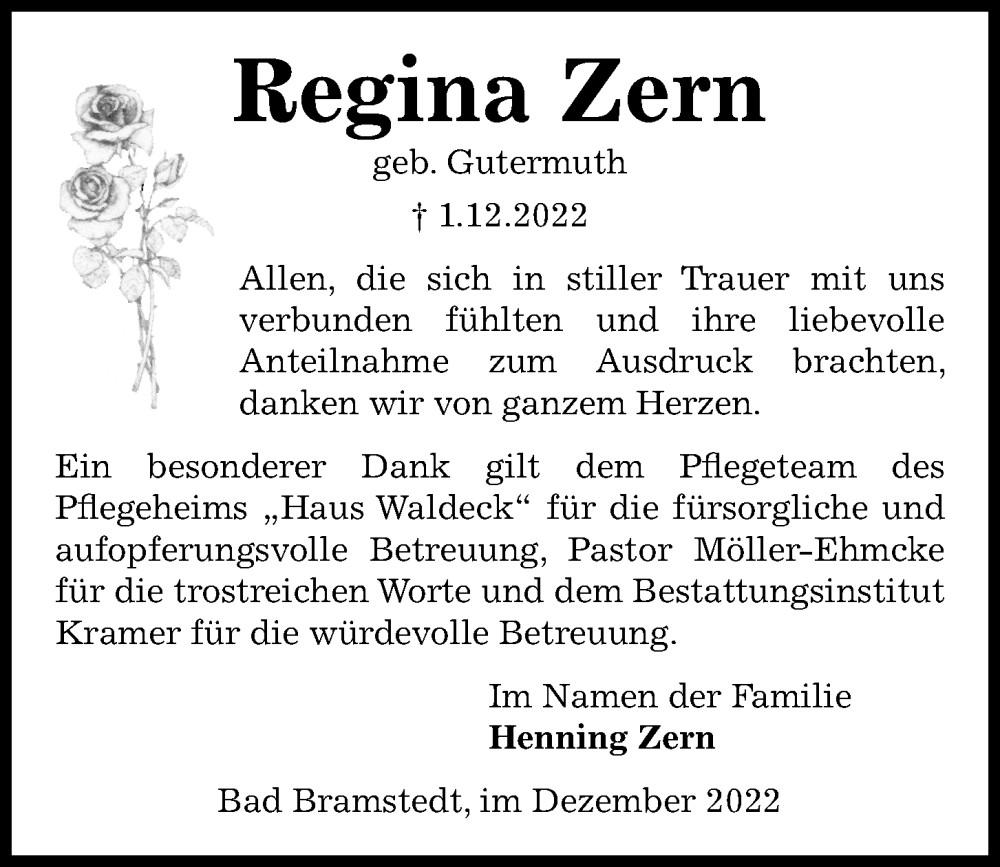  Traueranzeige für Regina Zern vom 17.12.2022 aus Kieler Nachrichten