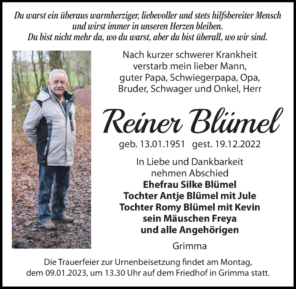  Traueranzeige für Reiner Blümel vom 24.12.2022 aus Leipziger Volkszeitung