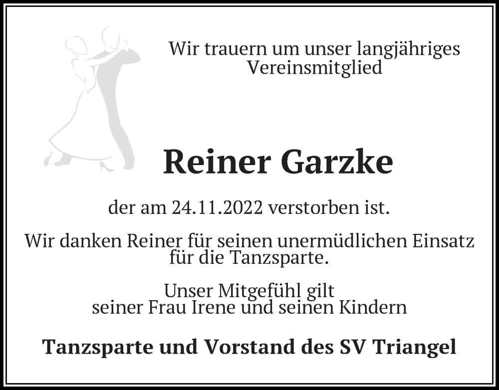  Traueranzeige für Reiner Garzke vom 03.12.2022 aus Aller Zeitung