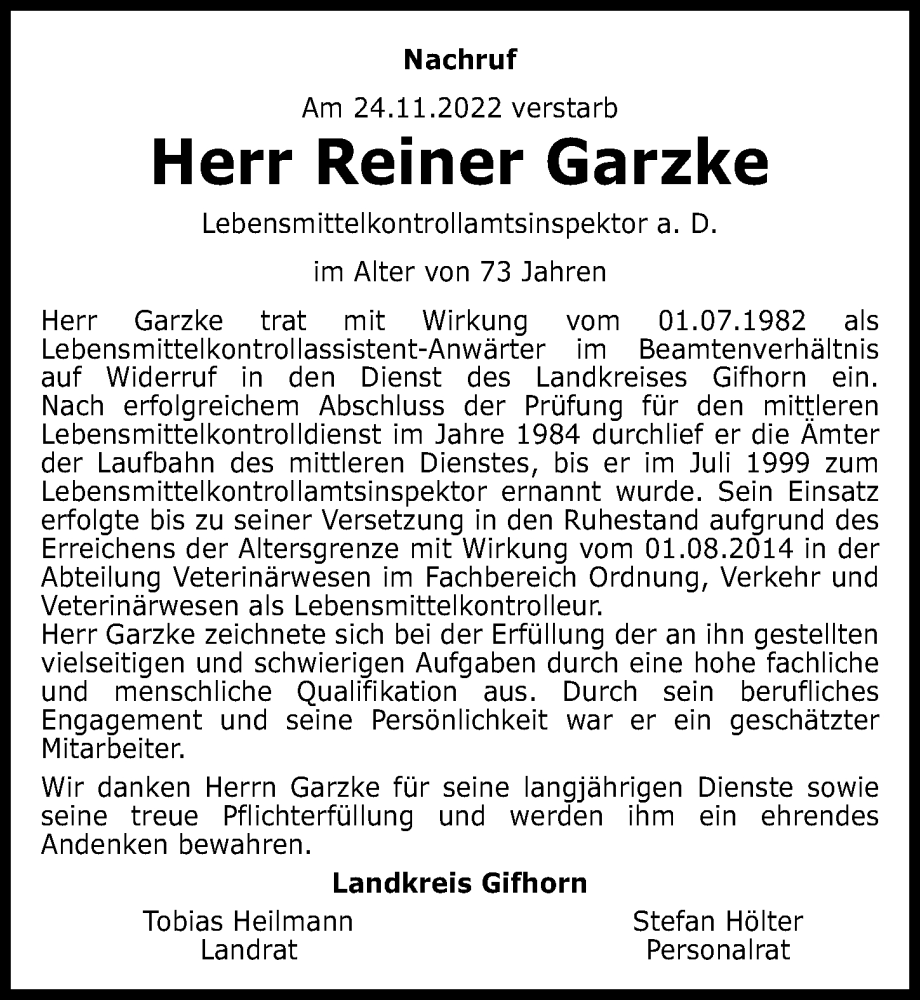  Traueranzeige für Reiner Garzke vom 06.12.2022 aus Aller Zeitung