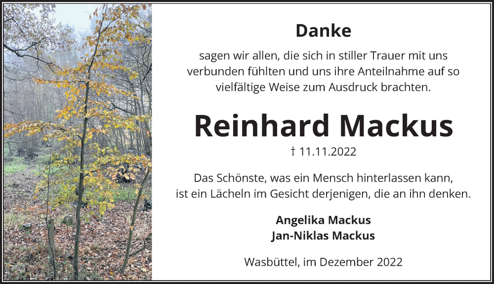  Traueranzeige für Reinhard Mackus vom 10.12.2022 aus Aller Zeitung