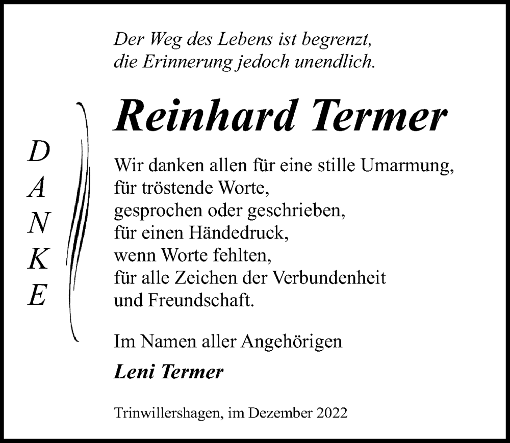  Traueranzeige für Reinhard Termer vom 17.12.2022 aus Ostsee-Zeitung GmbH