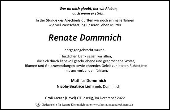 Traueranzeige von Renate Dommnich von Märkischen Allgemeine Zeitung