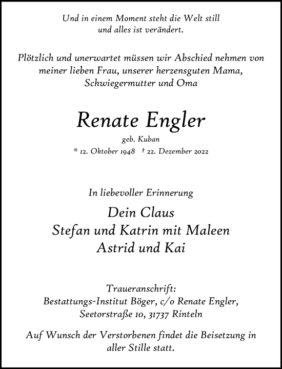 Traueranzeige von Renate Engler von Schaumburger Nachrichten