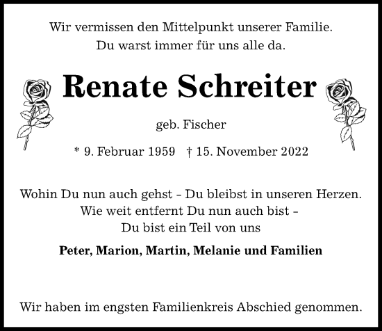 Traueranzeige von Renate Schreiter von Kieler Nachrichten