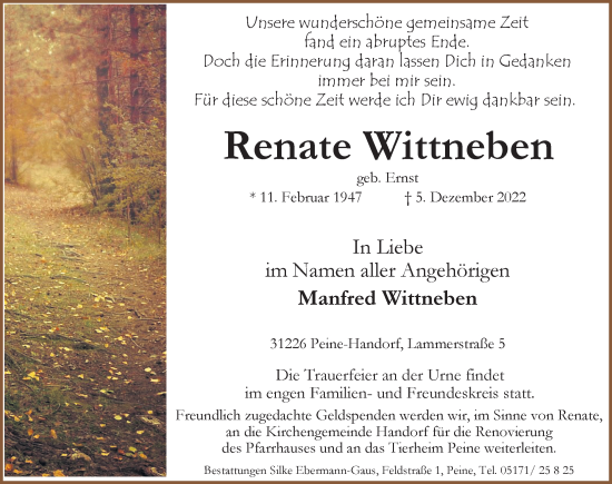 Traueranzeige von Renate Wittneben von Peiner Allgemeine Zeitung