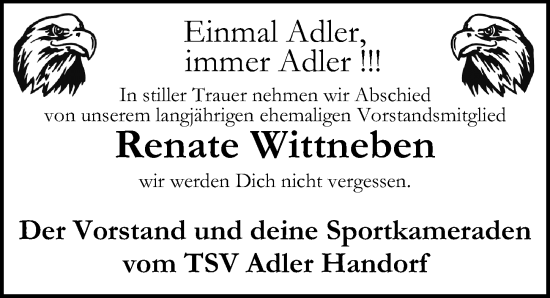 Traueranzeige von Renate Wittneben von Peiner Allgemeine Zeitung