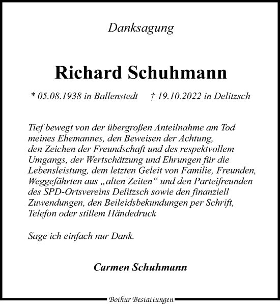 Traueranzeige von Richard Schuhmann von Leipziger Volkszeitung