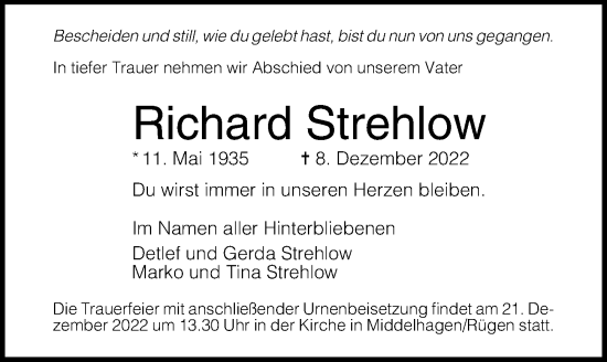 Traueranzeige von Richard Strehlow von Ostsee-Zeitung GmbH