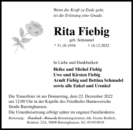 Traueranzeige von Rita Fiebig von Hannoversche Allgemeine Zeitung/Neue Presse