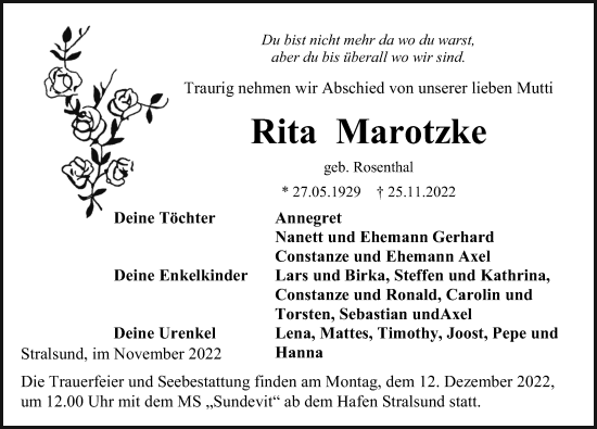 Traueranzeige von Rita Marotzke von Ostsee-Zeitung GmbH