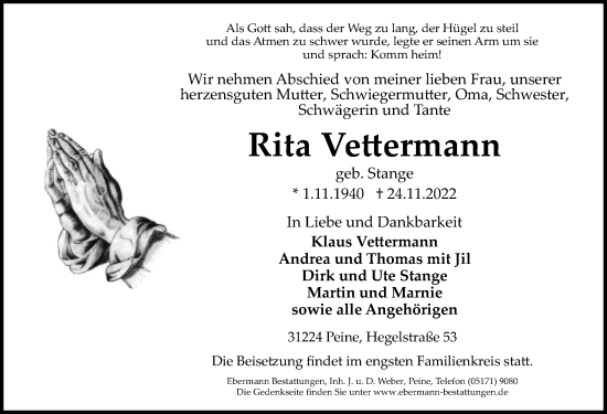 Traueranzeige von Rita Vettermann von Peiner Allgemeine Zeitung