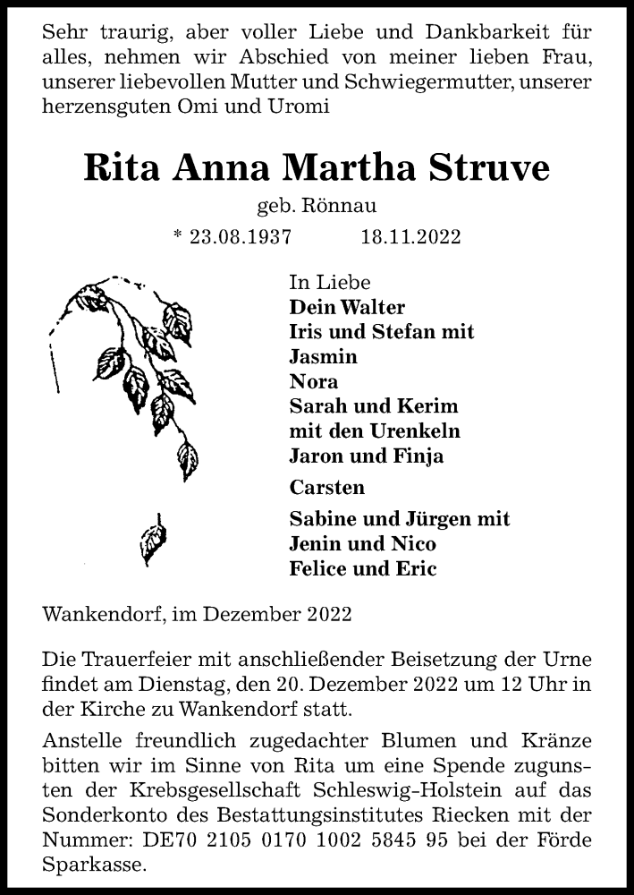  Traueranzeige für Rita Anna MArtha Struve vom 20.12.2022 aus Kieler Nachrichten